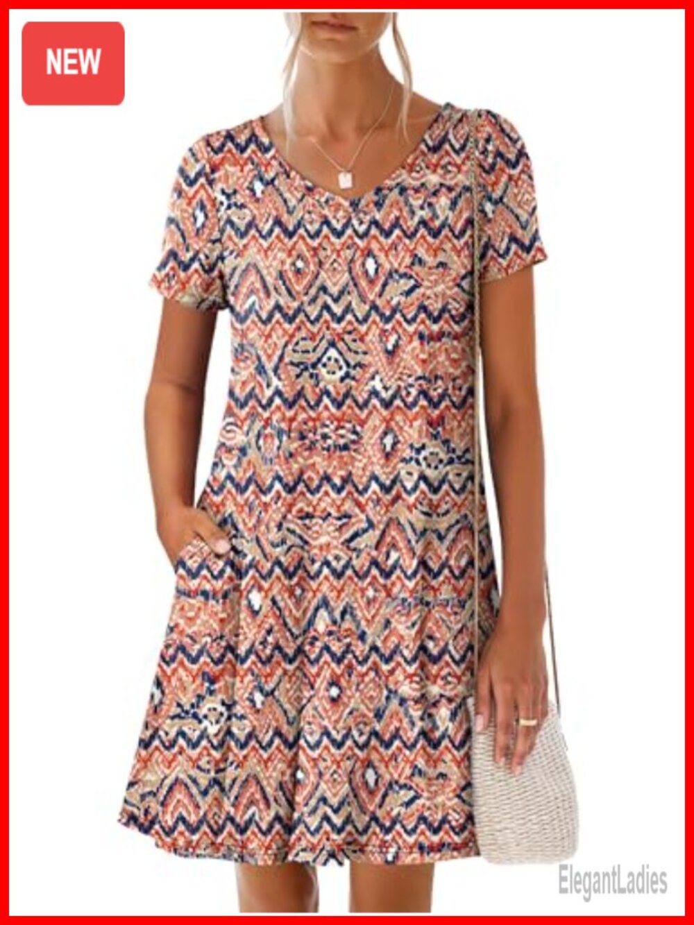 Women's Summer V-Neck Short Sleeve Swing Mini Dress with Pockets